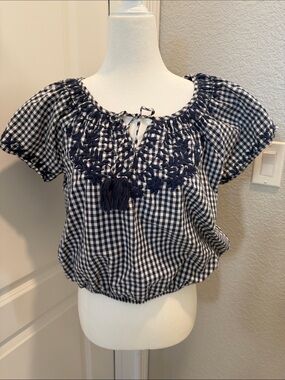 Lucky Brand Navy and White Gingham Embroidered Peasant Top